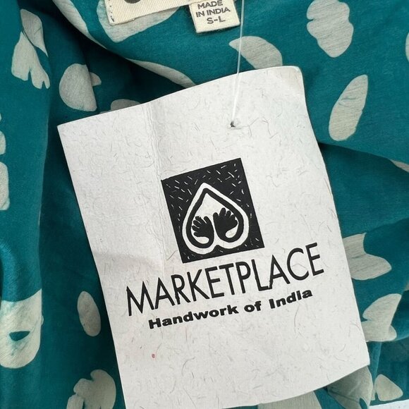 Marketplace of India S-L Silk Cotton Kimono Jacket Teal Global Batik Open Front - Picture 3 of 9